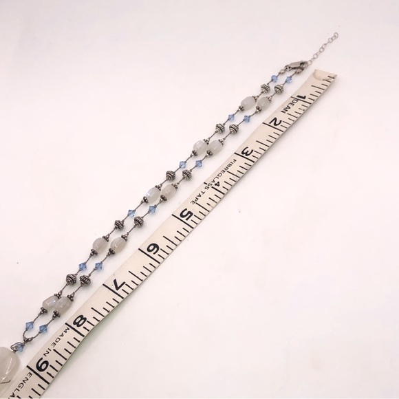 Vtg Sterling Moontone & Blue Crystal Beaded Knotted Silk Cord 18” +1.3” Drop - Picture 5 of 7